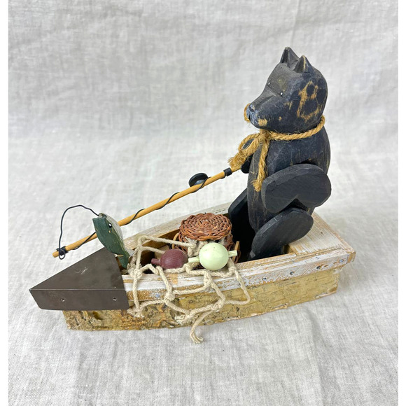 Fishing Bear in Boat - Rustic Farmhouse Cabin Decor -Unique Kitschy Vintage Find - Picture 3 of 9